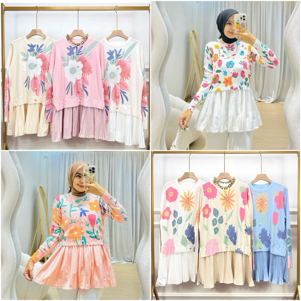 TATAOS BANGKOK RERE BLOUSE SEMI PEPLUM DUAL WARNA BUNGA PLEATS PLISKET KNIT RAJUT IMPORT