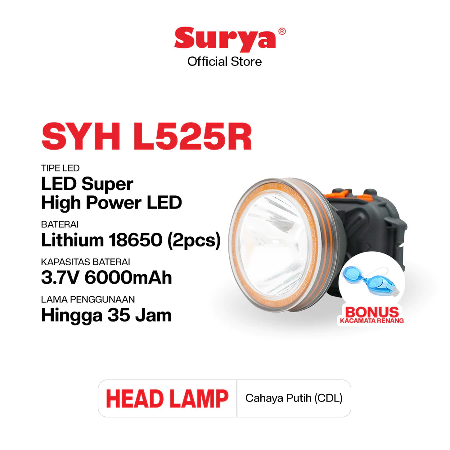 Surya Senter Kepala Putih 52W SYH525R / Head Lamp Super Terang Tahan Air / Senter Kepala Selam