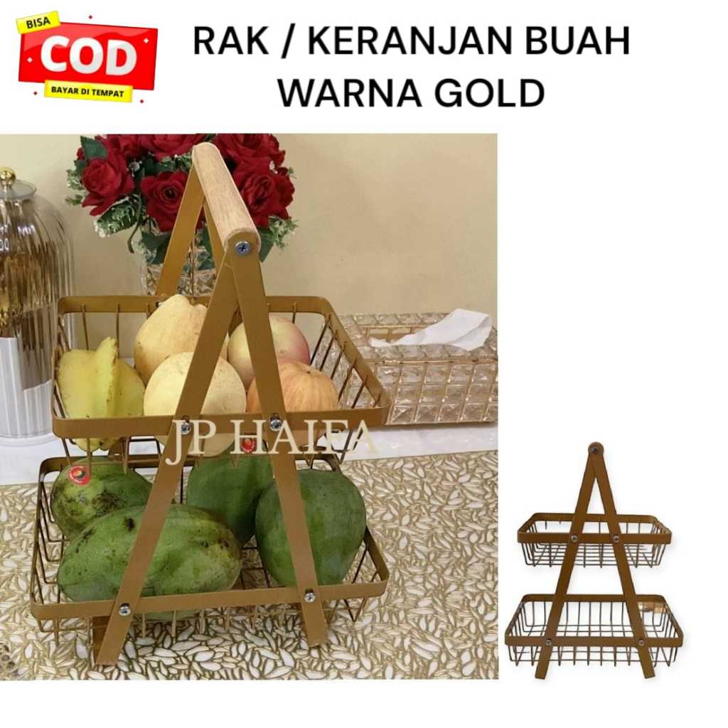 Rak / keranjang buah besi segitiga susun 2 warna gold