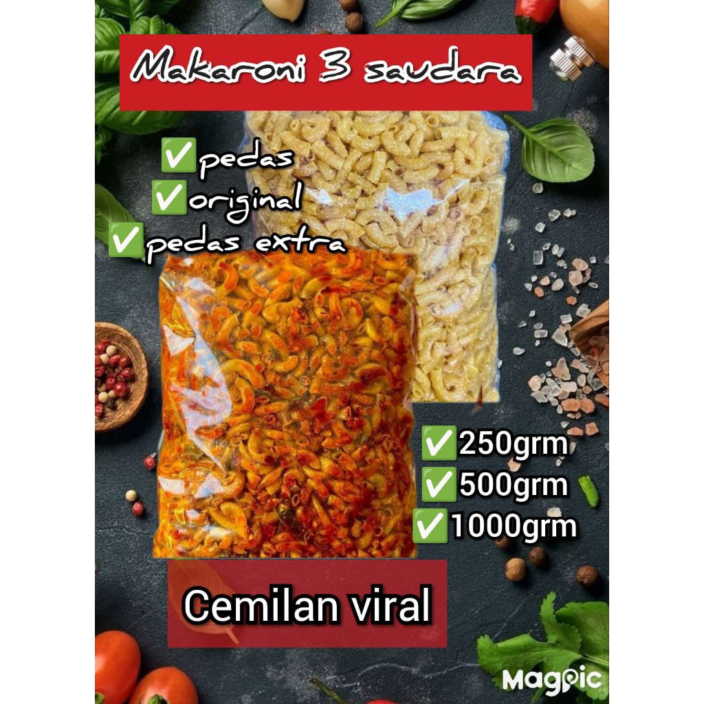 

promo...!!!250grm makaroni cikruh pedas daun jeruk, extra pedas, original,cemilan 3 saudara