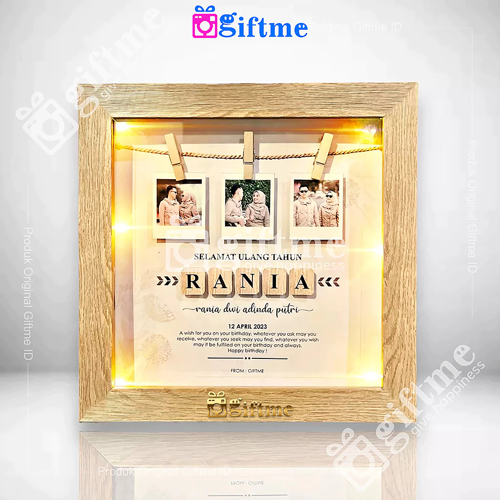 GIFTME Bingkai Foto Rustic Custom Foto dan Ucapan dilengkapi Lampu LED dan Jepit Kayu Asli
