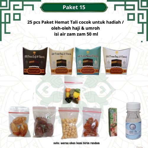 

paketan hemat cokil+almon+chandni tali 25 pcs untuk oleh oleh haji dan umroh (isi air zamzam 50 ml)