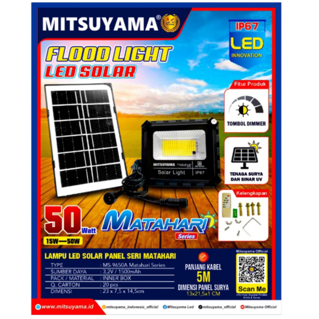 Lampu sorot LED solar panel 50 W MS-9650A mitsuyama seri matahari