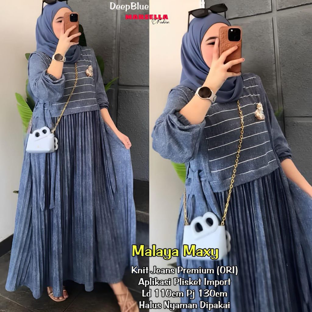 Malaya maxy gamis berbahan knitt jeans premium Ori , aplikasi plisket import.