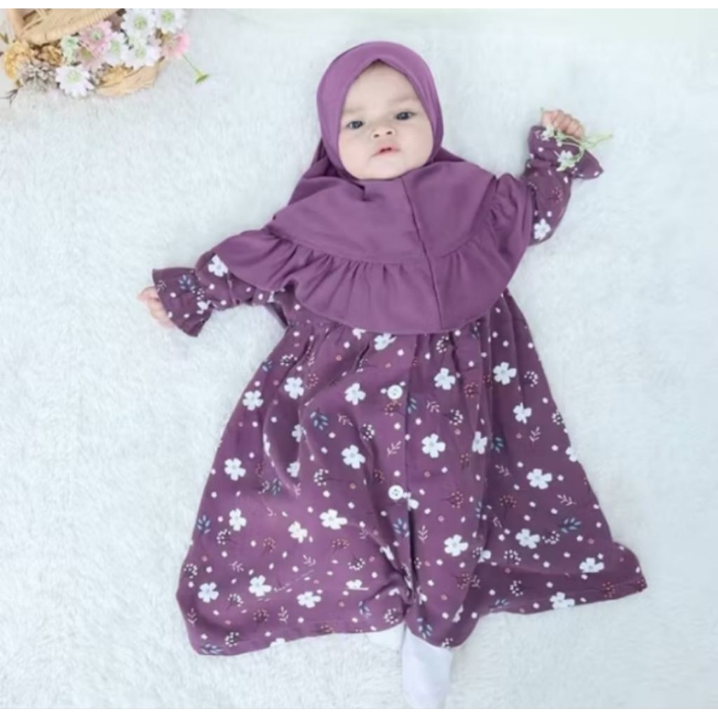 Dress bayi perempuan,setelan baju muslimah bayi perempuan baru lahir - 18bulan motif Bilqis bunga