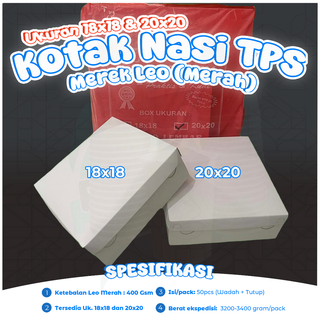 Kotak Nasi TPS Polos LEO (Merah) 400 GSM Ukuran 18x18 dan 20x20 Isi 50 Pcs/Dus Makanan / Tutup Pisah