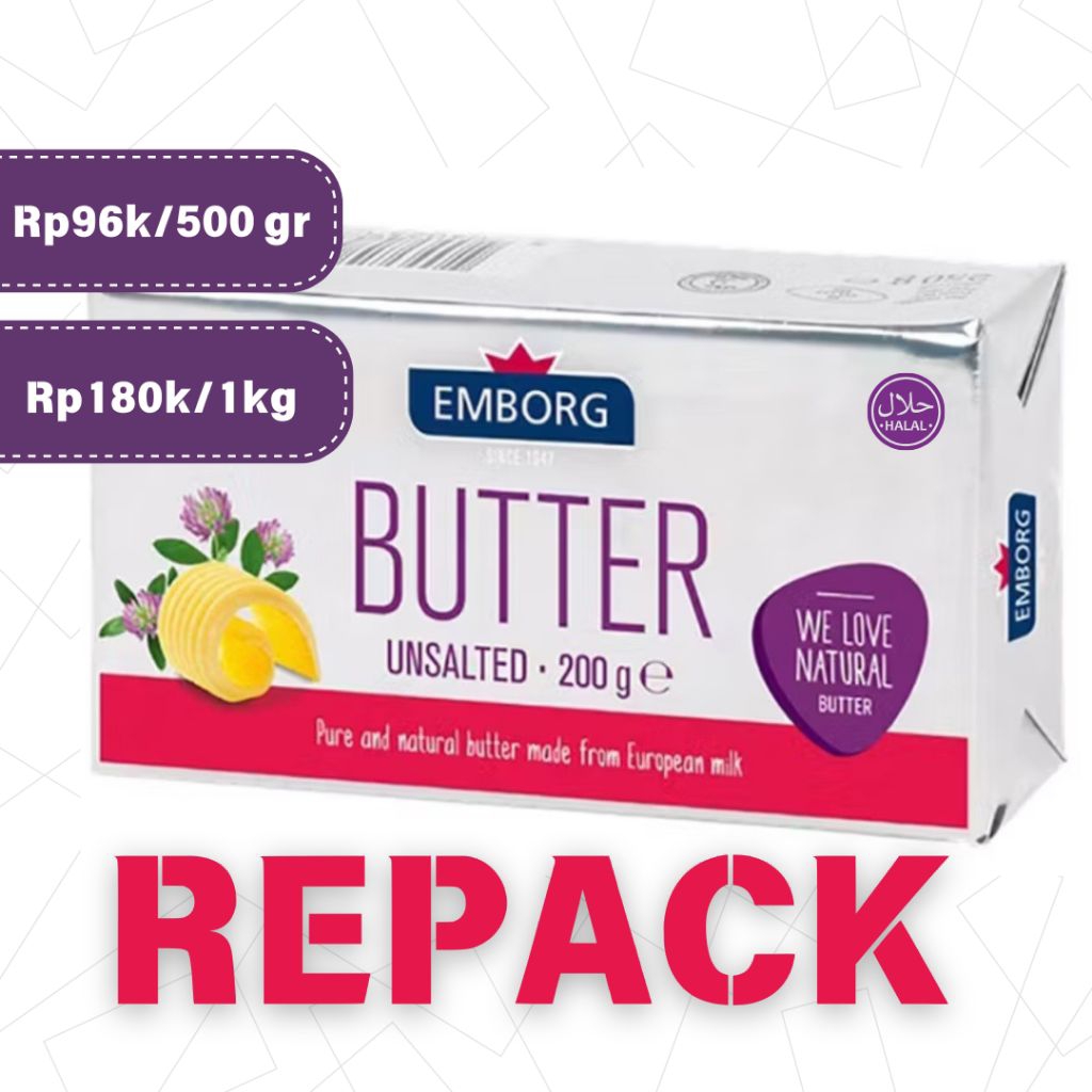 

UNSALTED BUTTER EMBORG MADE IN DENMARK CULTURED BUTTER EUROPEAN STYLE REPACK 500GR 1KG MPASI BB BOOSTER ASLI MENTEGA TAWAR FOR COOKING CAKE EASY TO DIGEST HIGHER SMOKE POINT