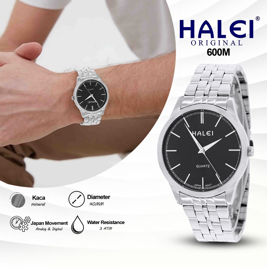 HALEI IND 600 M - Bergaransi Jam Tangan Pria Halei Original Fashion Kasual Rantai Stainless Anti Air