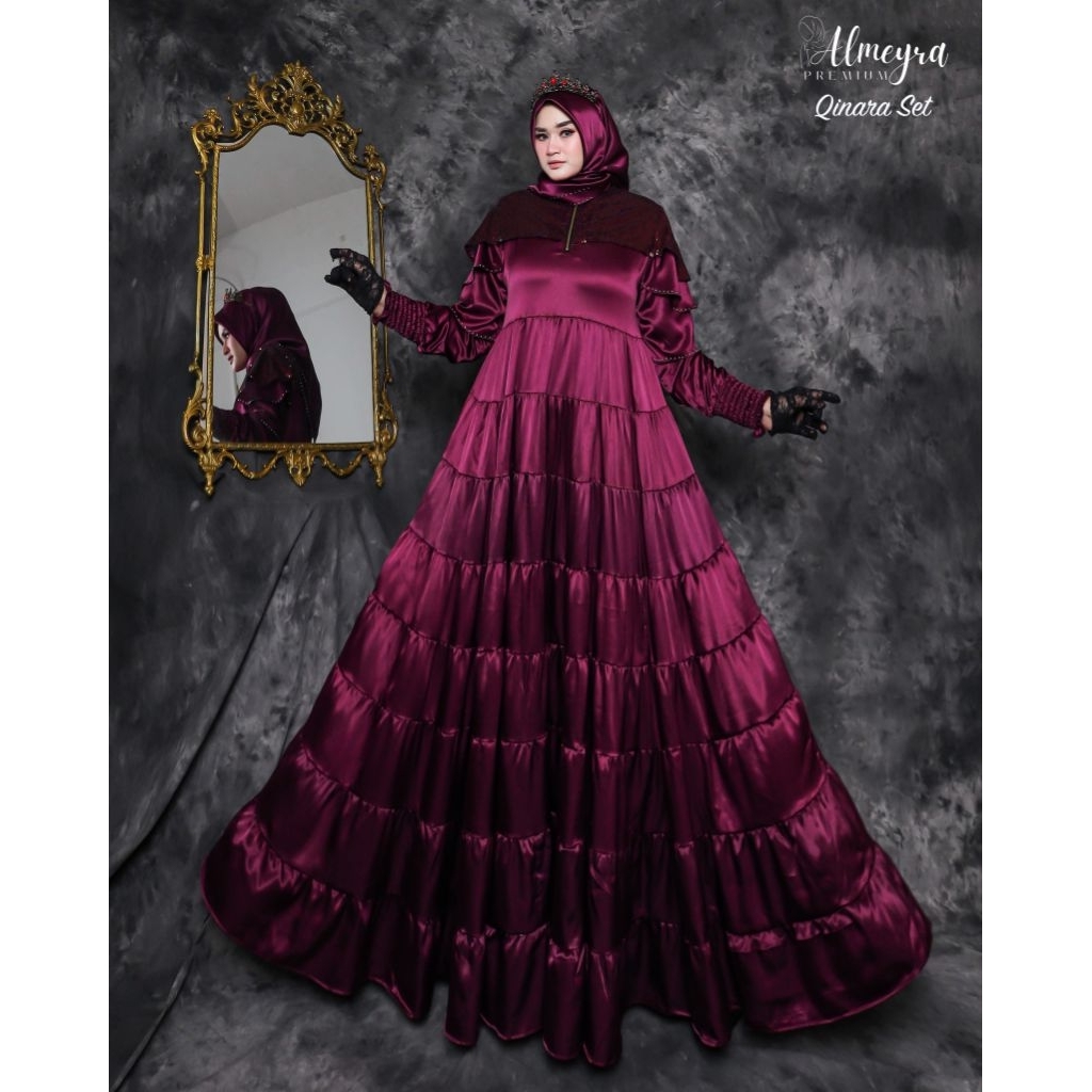 Gamis Pesta Mewah Setelan Gamis Cantik Qinara Set By Almeyra Matt Silk premium Super Mayung