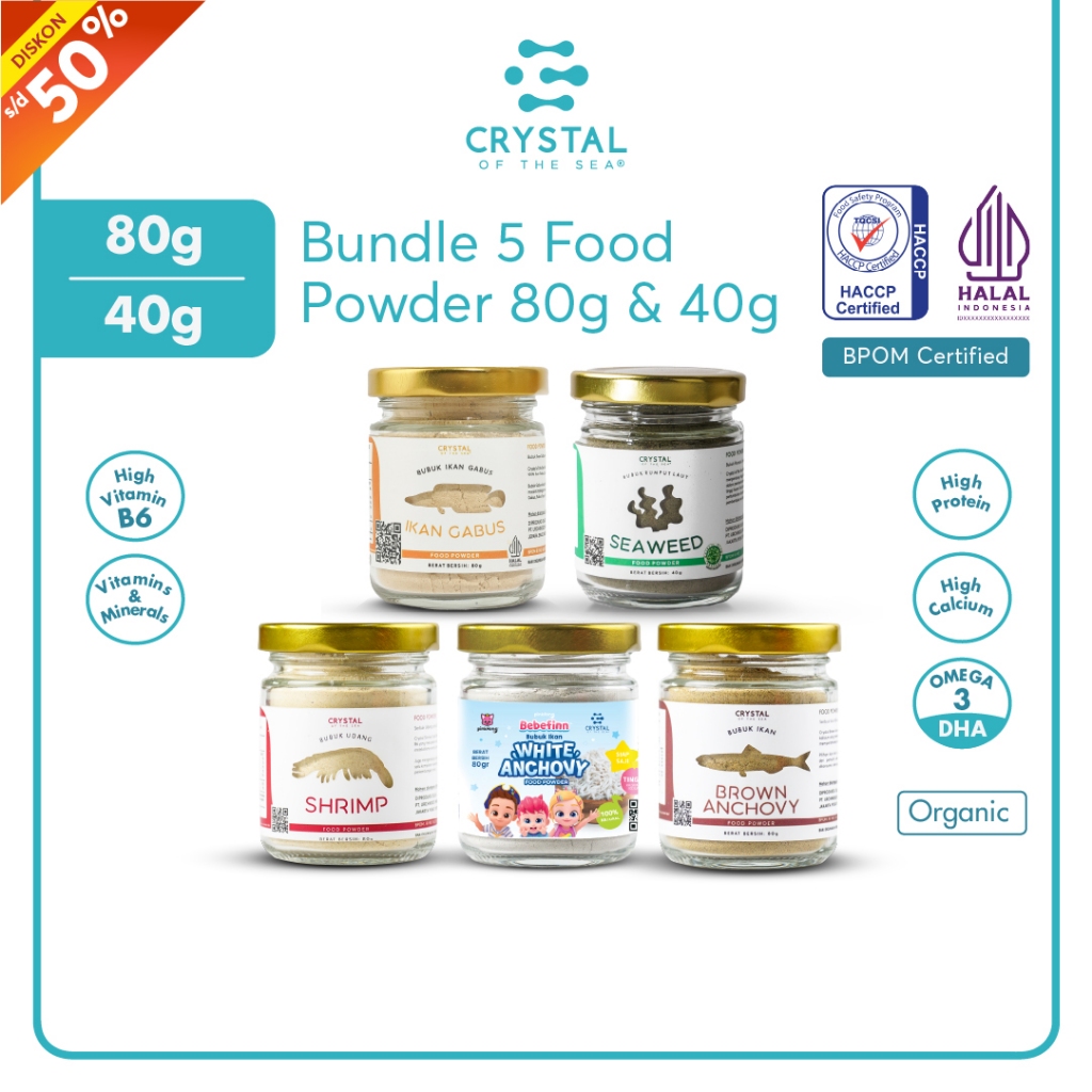

Crystal of the Sea | Bundle 5 Food Powder (80GR & 40GR) | Bubuk Ikan Teri Nasi | Bubuk Udang Rebon | Bubuk Teri Jengki | Bubuk Rumput Laut/Umami | Bubuk Ikan Gabus / Penyedap Kaldu MPASI NON MSG PAKET HEMAT