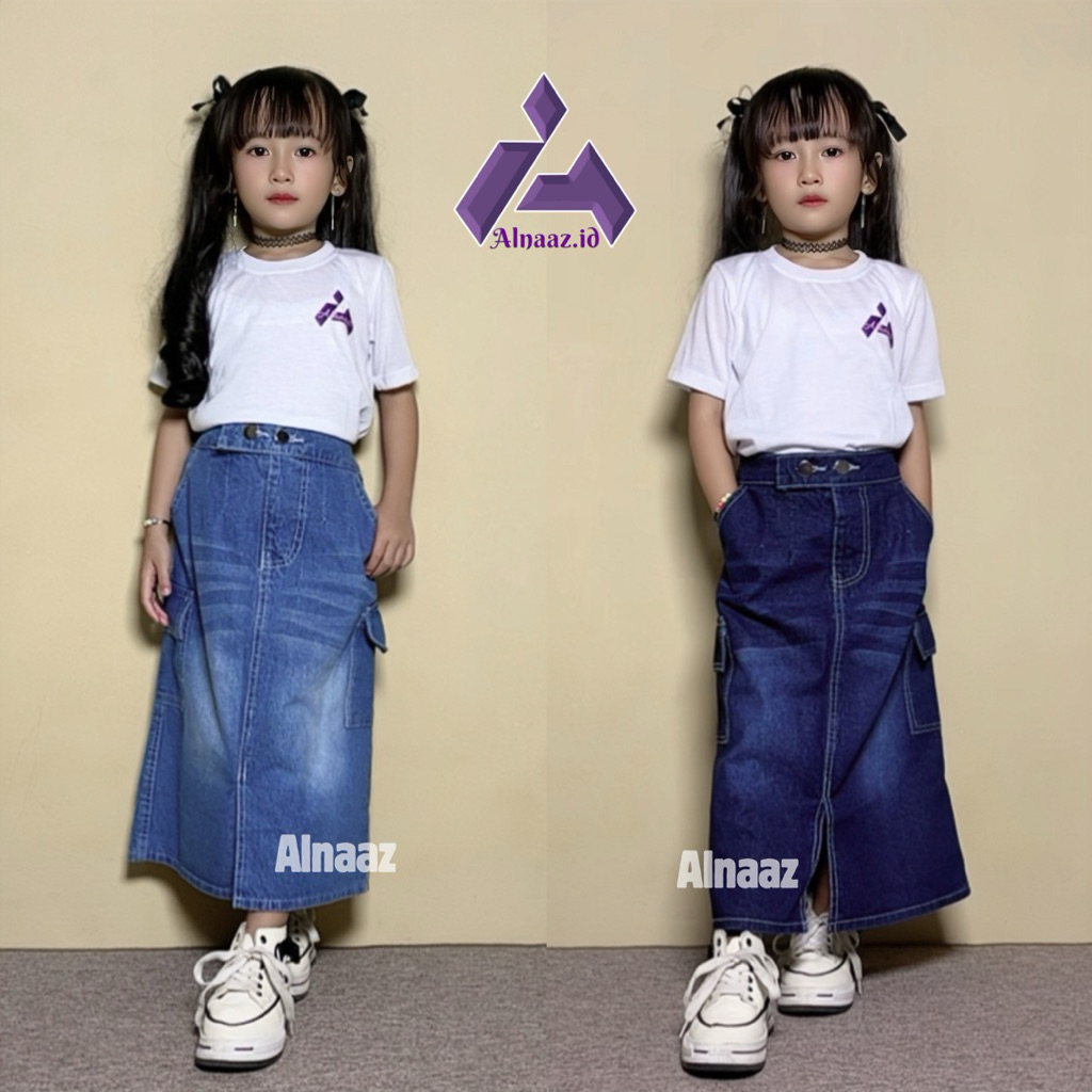 Alnaaz - Setelan Rok Span Cargo Jeans Anak 2-9 Tahun Setelan Anak Perempuan