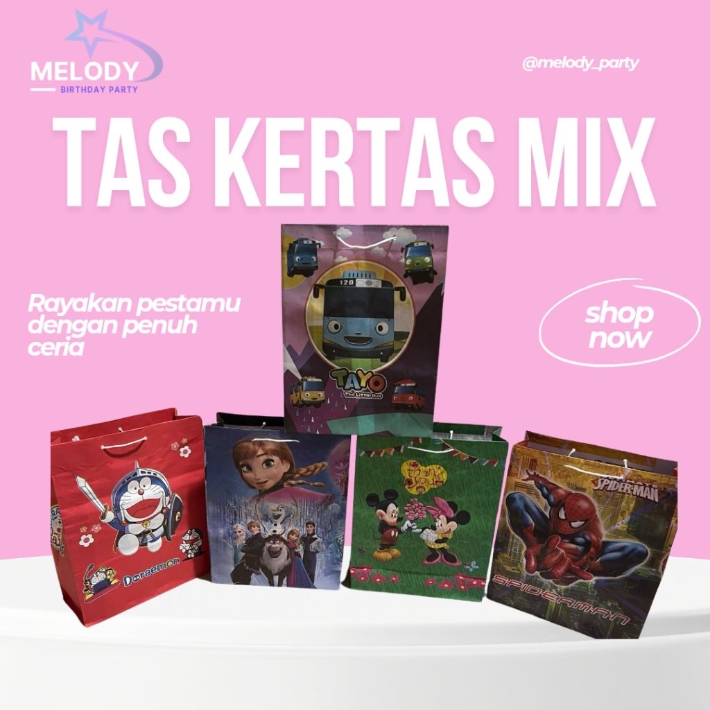 

Tas kertas mix / tas kertas karakter / paperbag ultah (isi 10 lembar) 20×28cm