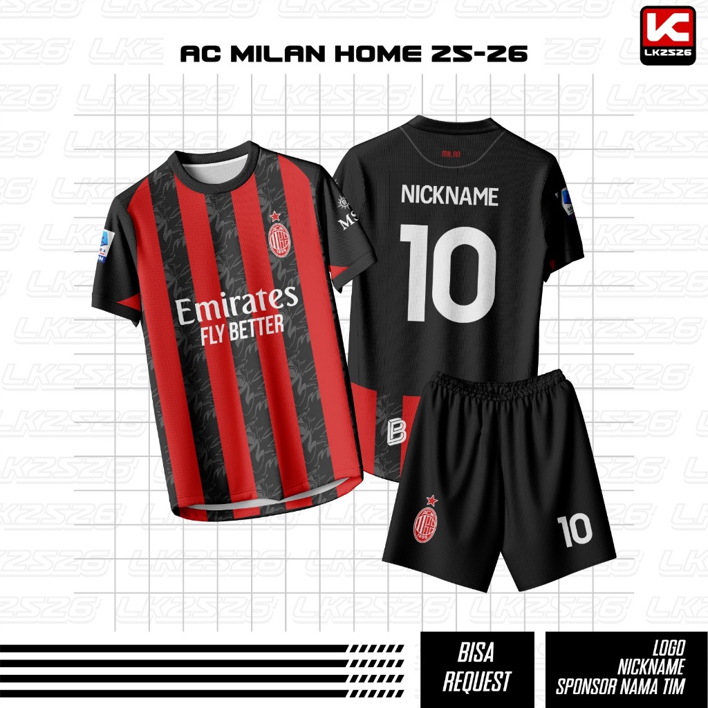 Jersey Bola/Futsal Custom Nama Dan Nomor Rossoneri ACM Home TERBARU 2025/2026 | Full Print Hitam Mer