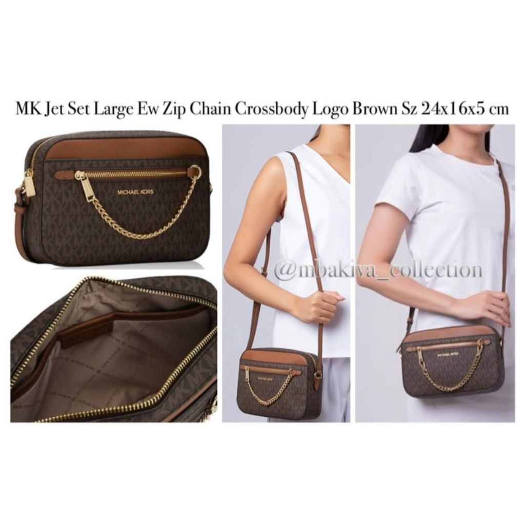MK Jet Set Large Ew Zip Chain Crossbody Logo Brown