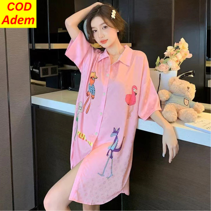 Dress tidur korea rayon premium plus size/baju tidur kemeja wanita viral tiktok