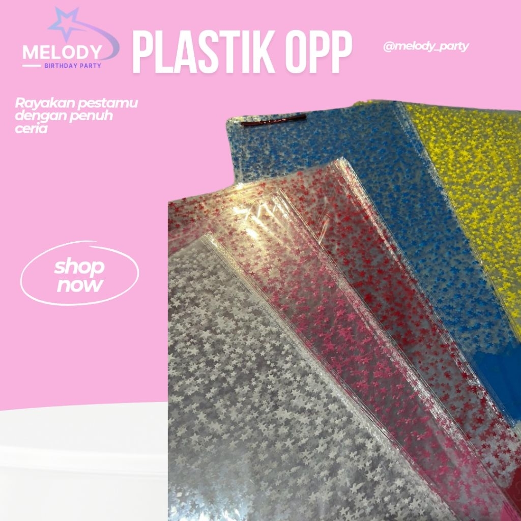 Plastik opp 22×45 cm/ plastik opp motif bintang / opp ultah souvenir (isi 12 lembar)