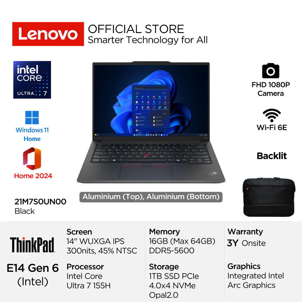 Lenovo ThinkPad E14 Gen 6 UN00 Intel Core Ultra 7 155H Win11 16GB 1TB SSD 14" WUXGA 300nits Anti-gla