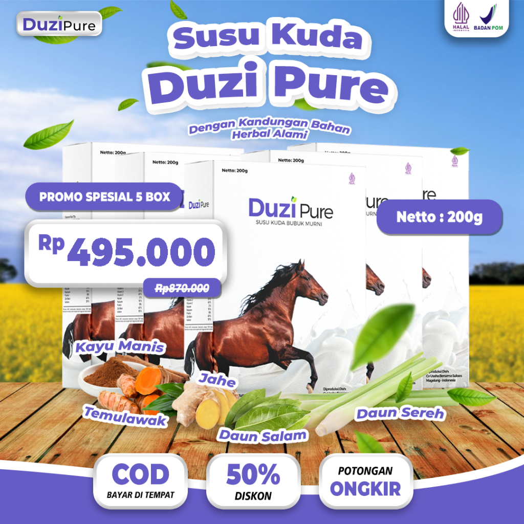 

Duzi Pure || Susu Kuda Sumbawa Bubuk 100% Original atasi masalah tulang || Paket 5 Box (1000 gram)