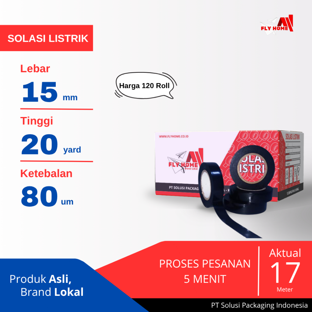 

FLYHOME Solasi listrik 1 dus 15mm x 17meter 120 roll ukuran Full Cargo