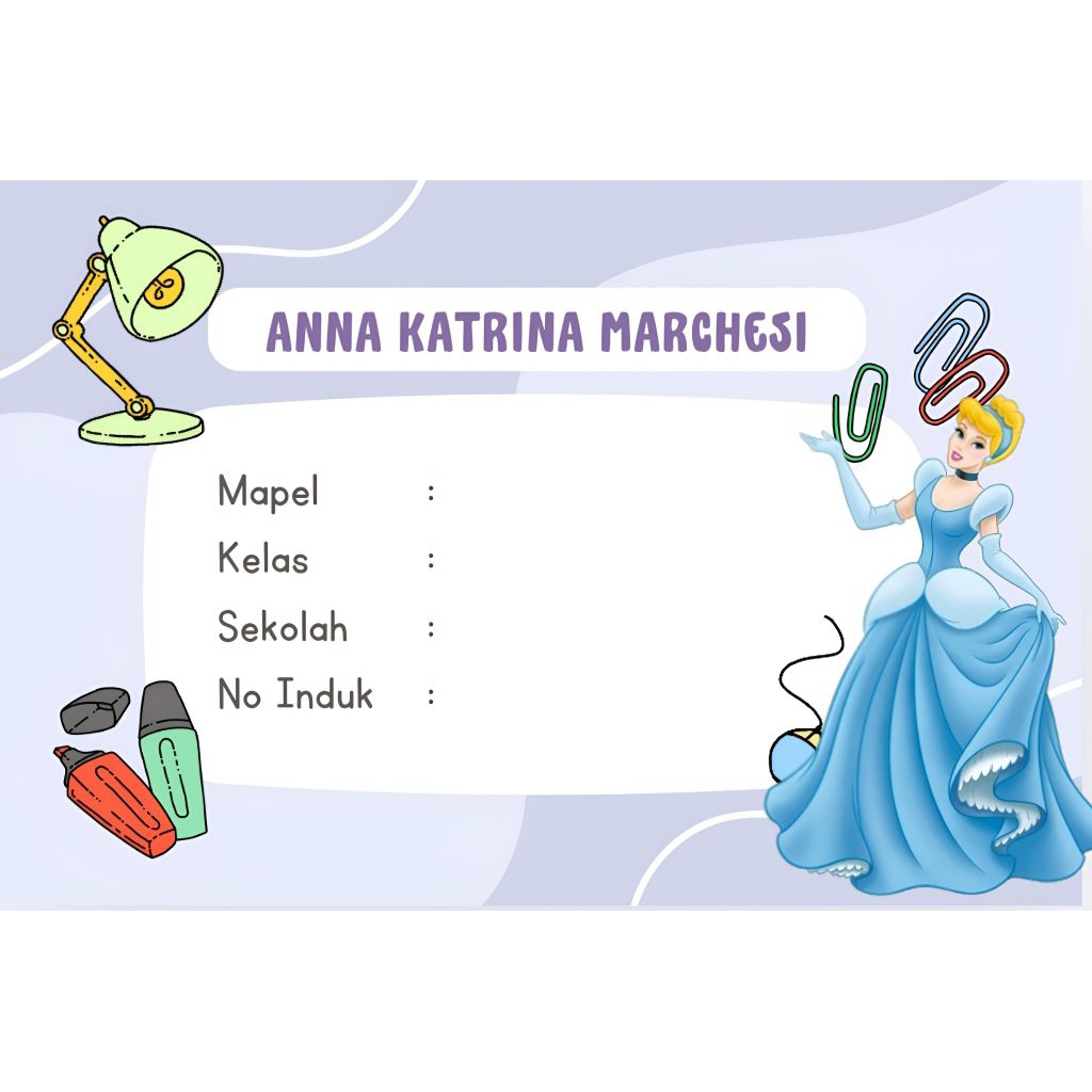 

(ISI 50 PCS) SUDAH ADA LEM STICKER LABEL BUKU SEKOLAH CUSTOM NAMA & FOTO MOTIF CINDERELLA