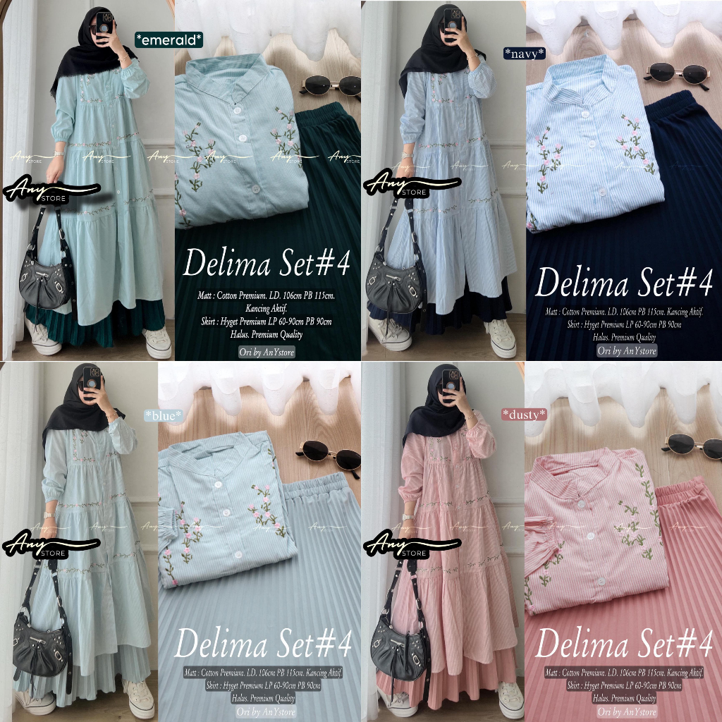 Delima Set Baju Muslim Setelan Dress Muslimah Gamis Katun Rok Plisket Premium