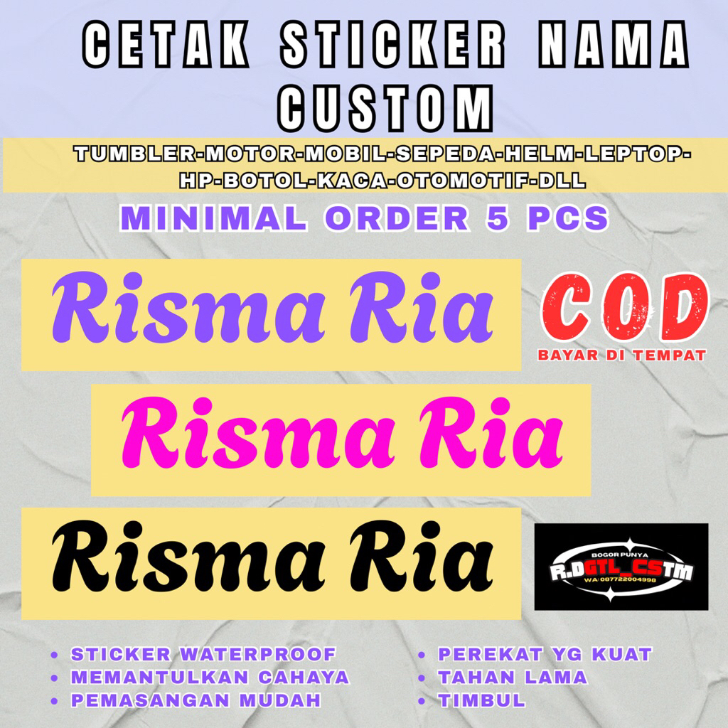 STIKER CUTTING NAMA CUSTOM, STIKER WATERPROOF, STIKER TIMBUL