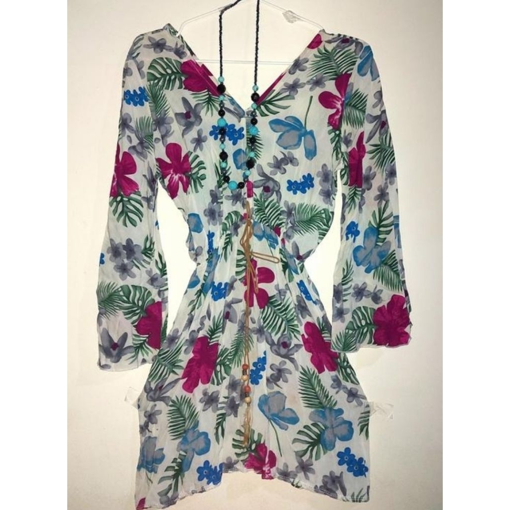 [Preloved] DRESS MINI PUTIH WANITA MOTIF BUNGA DAUN | Dress Pantai