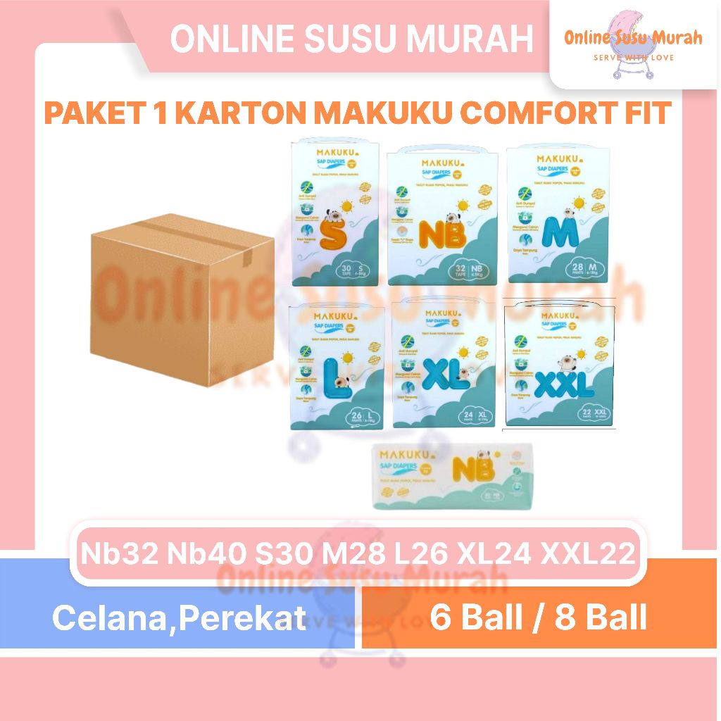 MAKUKU COMFORT FIT 1 KARTON TAPE 6 BALL NB40 NB32 S30 PANTS 8 BALL M28 L26 XL24 XXL22 POPOK CELANA P