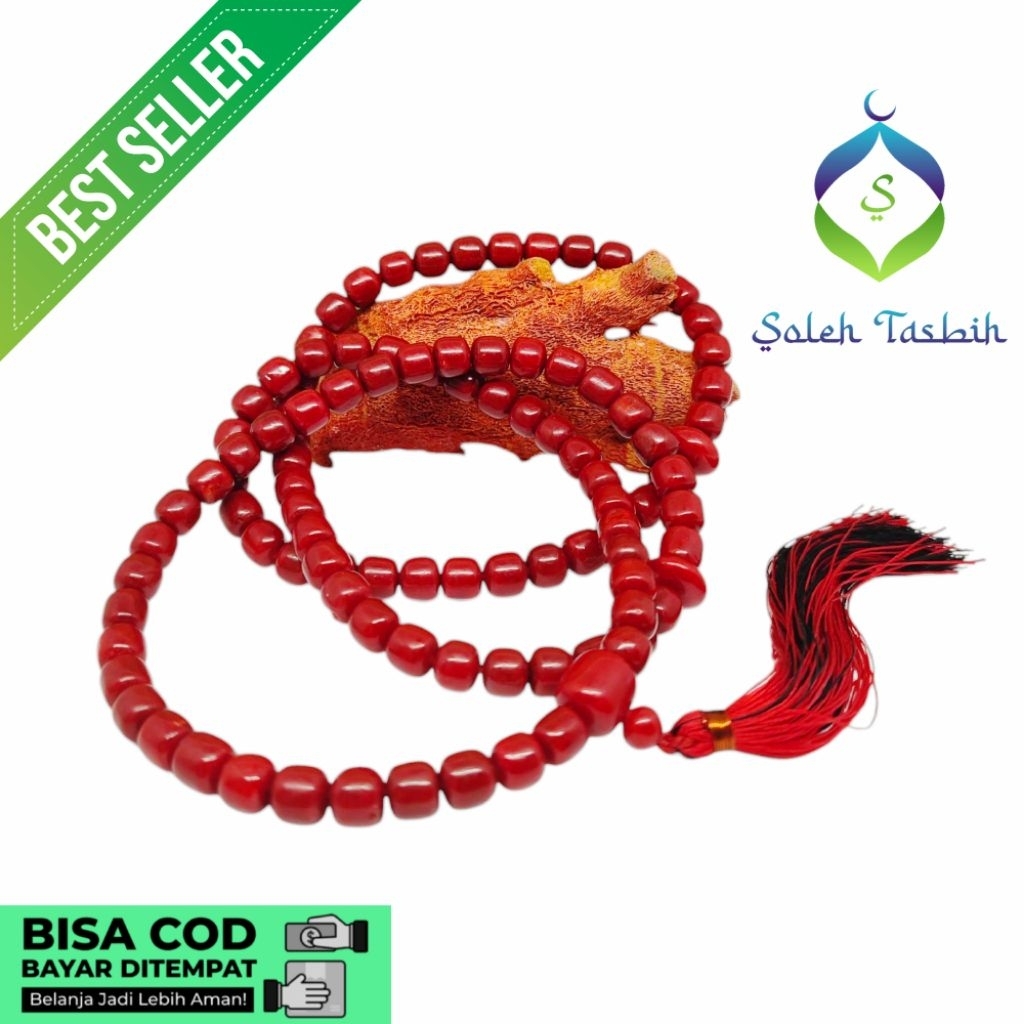 Tasbih Batu Coral Marjan Merah Asli Motif Tabung  99 butir