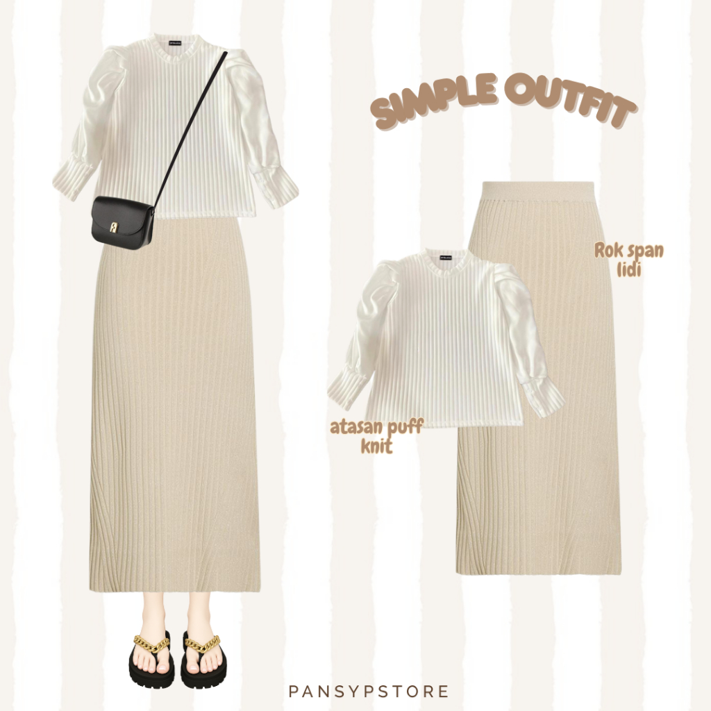 One Set Simple Setelan Wanita Kekinian 2in1 Atasan Blouse Putih Puff Knit Rok Span Lidi Plisket