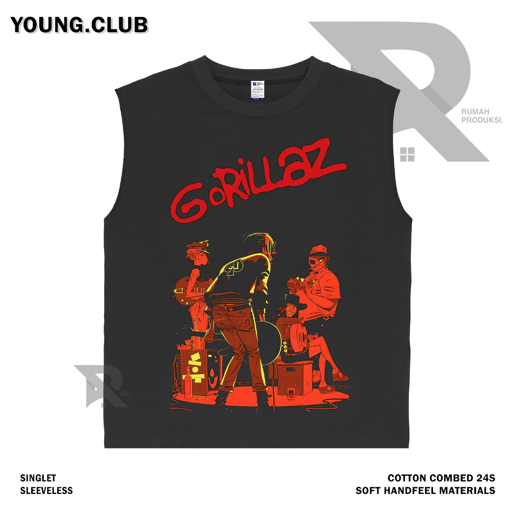 YOUNG.CLUB | KAOS BAJU SINGLET GORILLAZ BAND | BAND METAL MUSIK ROCK | T-SHIRT SINGLET HITAM STYLE Y