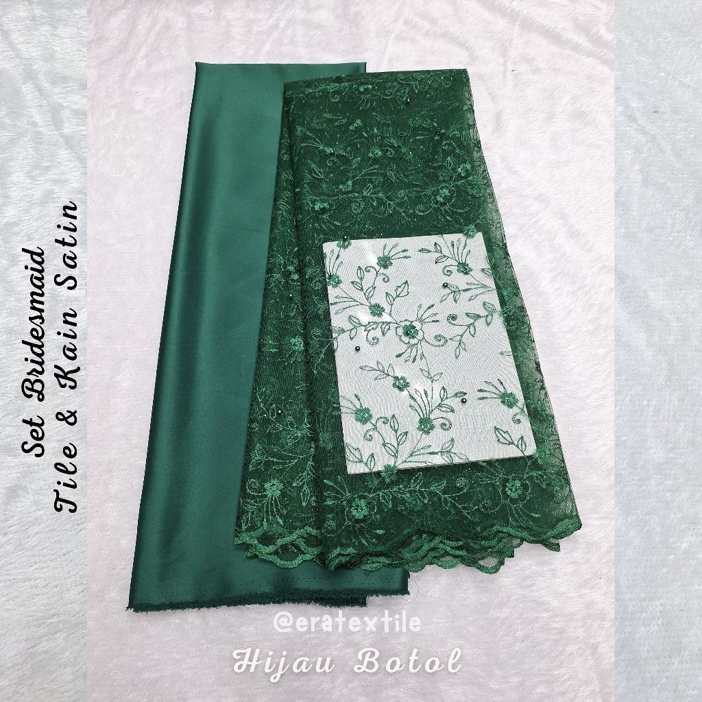 [Free Bridesmaid Card] PAKET KAIN DRESS BRIDESMAID TILLE + SATIN (HIJAU BOTOL) , PAKET LENGKAP KAIN 