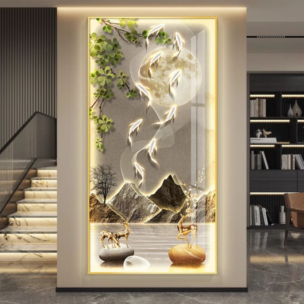 KOKOPAINTING Lukisan Porcelain Diamond Painting Crystal LED 5 Dimensi Motif Gambar Ikan Koi Emas Gun