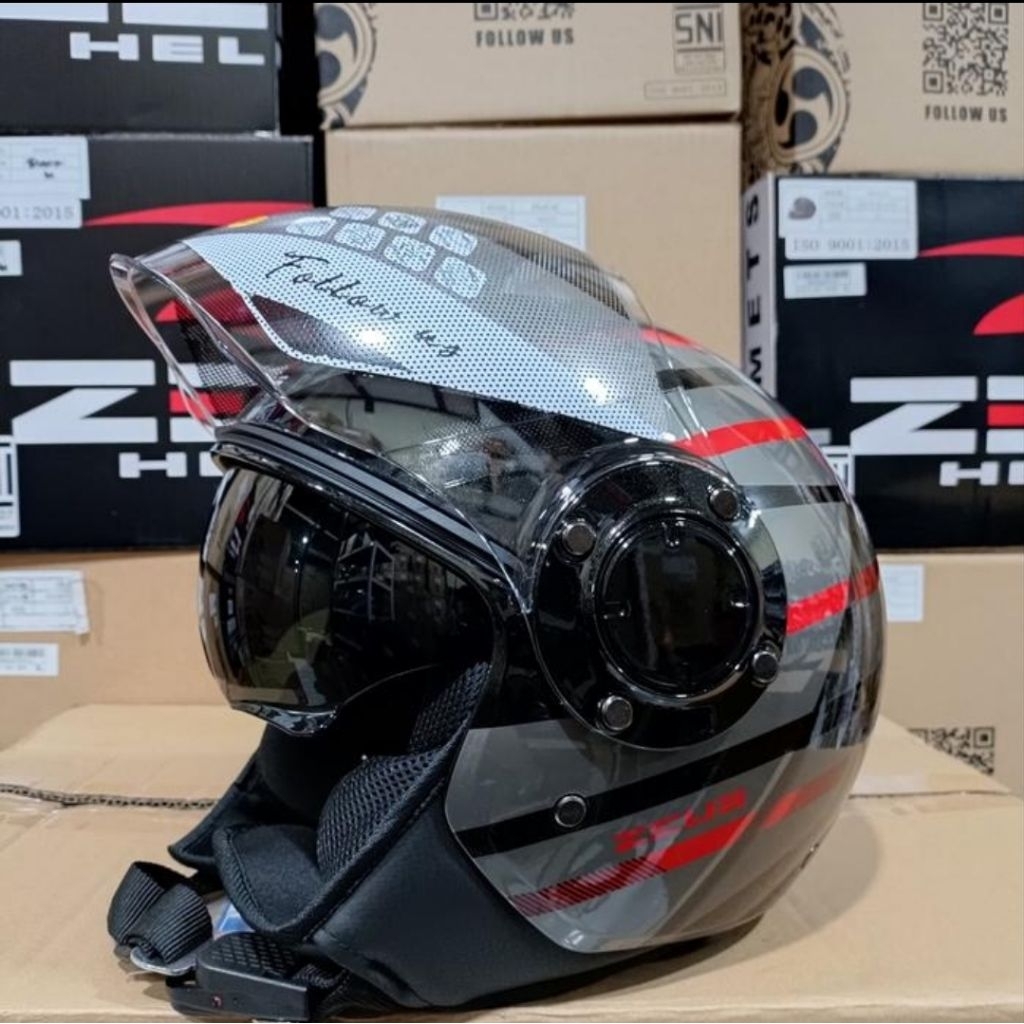 HELM ZEUS 217 BLACK RED RETRO CLASSIC DOUBLE VISOR VESPA HALFACE ORIGINAL