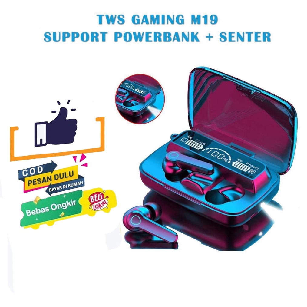 KODE E68T M19 Headset Bluetooth TWS Wireless Bluetooth Earphone Powerbank dan Senter M19