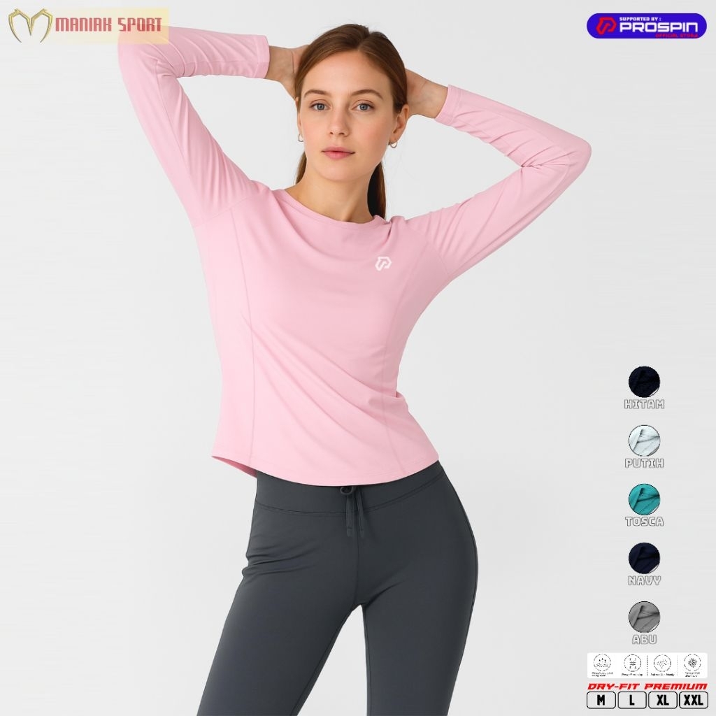 Kaos Runing Baju Senam Pakaian Olahraga Cewe Lengan Panjang Muslim Baju Badminton Prospin Premium