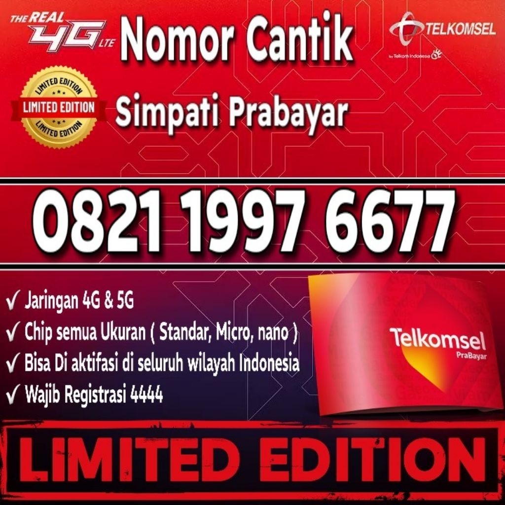 Nomor Cantik Telkomsel Simpati 4G Lte O821 1997 6677