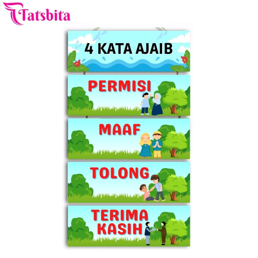 TATSBITA Pajangan Hiasan Dinding Dekorasi Wall Decor 4 Kata Ajaib Untuk Kelas Sekolah TK/SD/SMP Susu