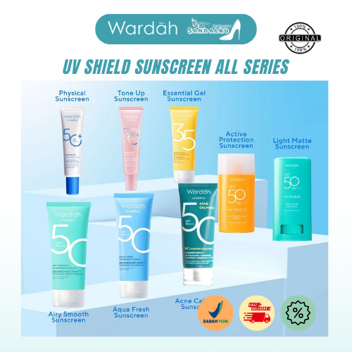 Wardah UV shield sunscreen series ( claming acne sunscreen moisturizer spf 35 & spf 50 pa +++) (35ml