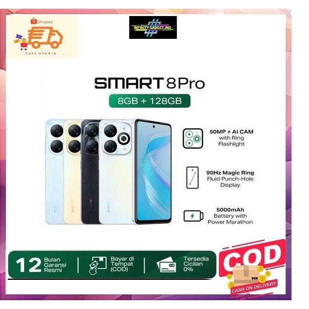 Infinix Smart 8 Pro 8/128GB - Up to 16GB Extended RAM - 6.6" 90Hz Puch Hole Display - Helio G36 - 50