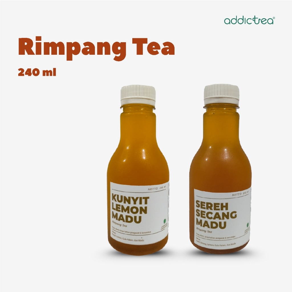 

Addictea Jamu Rimpang Minuman Botol Kekinian (kunyit,sereh,secang,rosella) 240ml