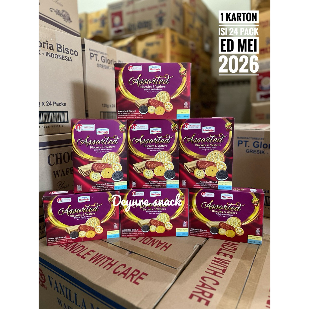 

Marindo Assorted biscuit Pack 100 gr 1 karton x 24pcs Snack Hajatan Hampers