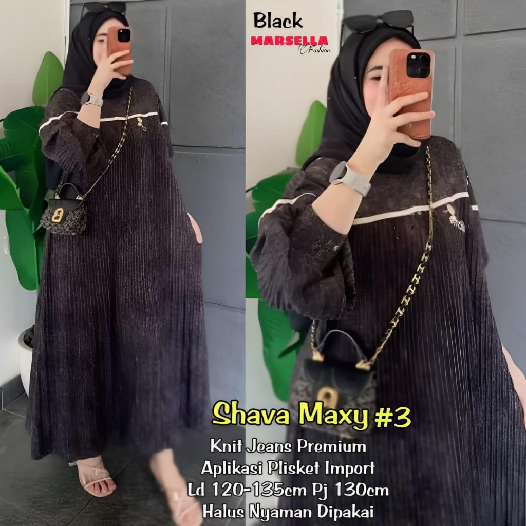 SHAVA MAXY #3 Dress Wanita Bahan Knit Jeans Premium Plisket Import Ld 120-135 Jumbo by Marsella