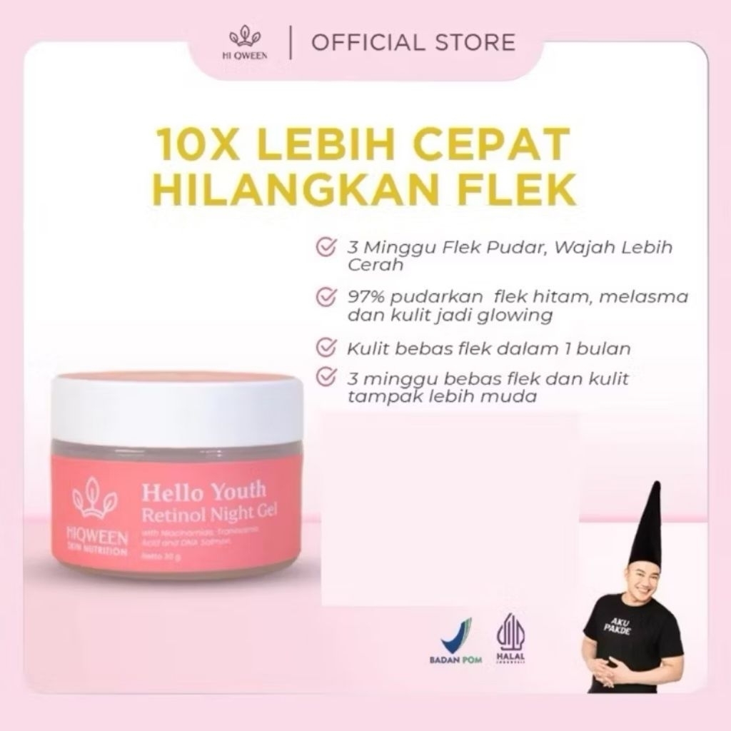 Hiqween Hello Youth Retinol Night Cream Gel Mask REFORMULA Cream Malam untuk Flek Hitam dan Melasma