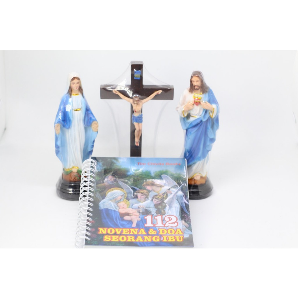 Paket Doa Katolik Lengkap – Patung Yesus & Maria 15cm, Buku 112 Doa, Rosario Marmer & Salib Duduk