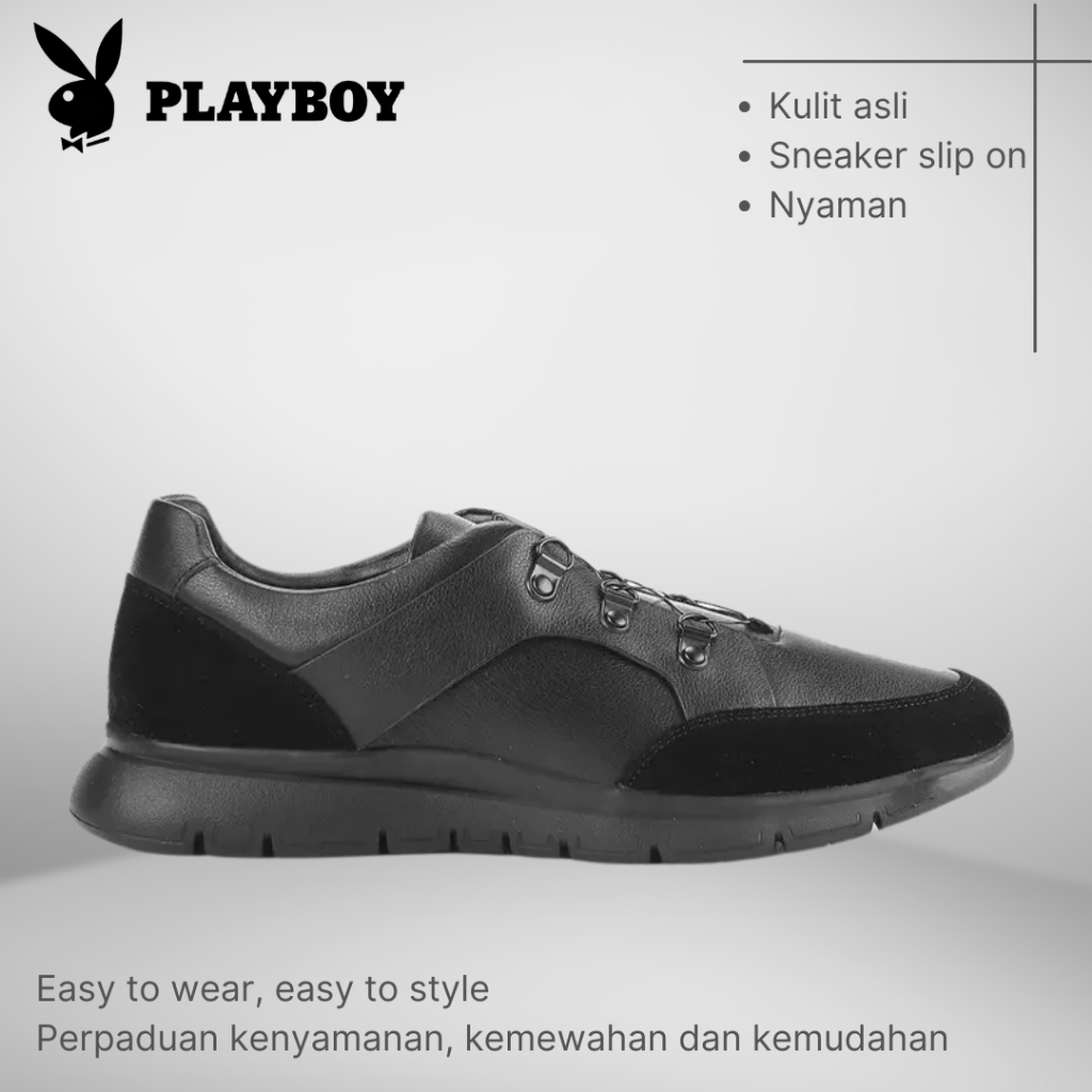 SEPATU PLAYBOY ORIGINAL SNEAKER SLIP ON PRIA KULIT ASLI HITAM PLG7