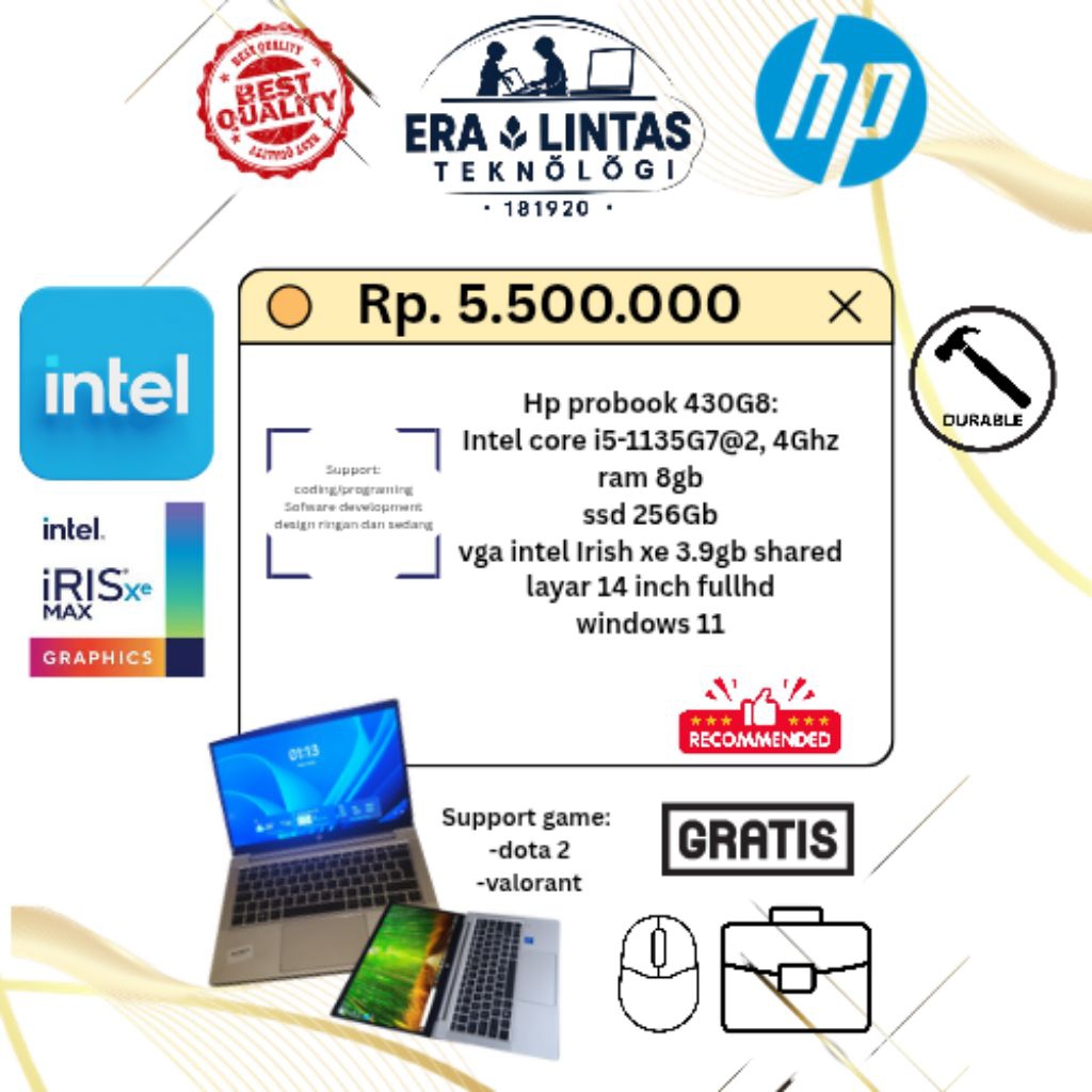 hp probook 430 G8 core i5-1135G7-8gb-256gb-win 11-intel iris vga