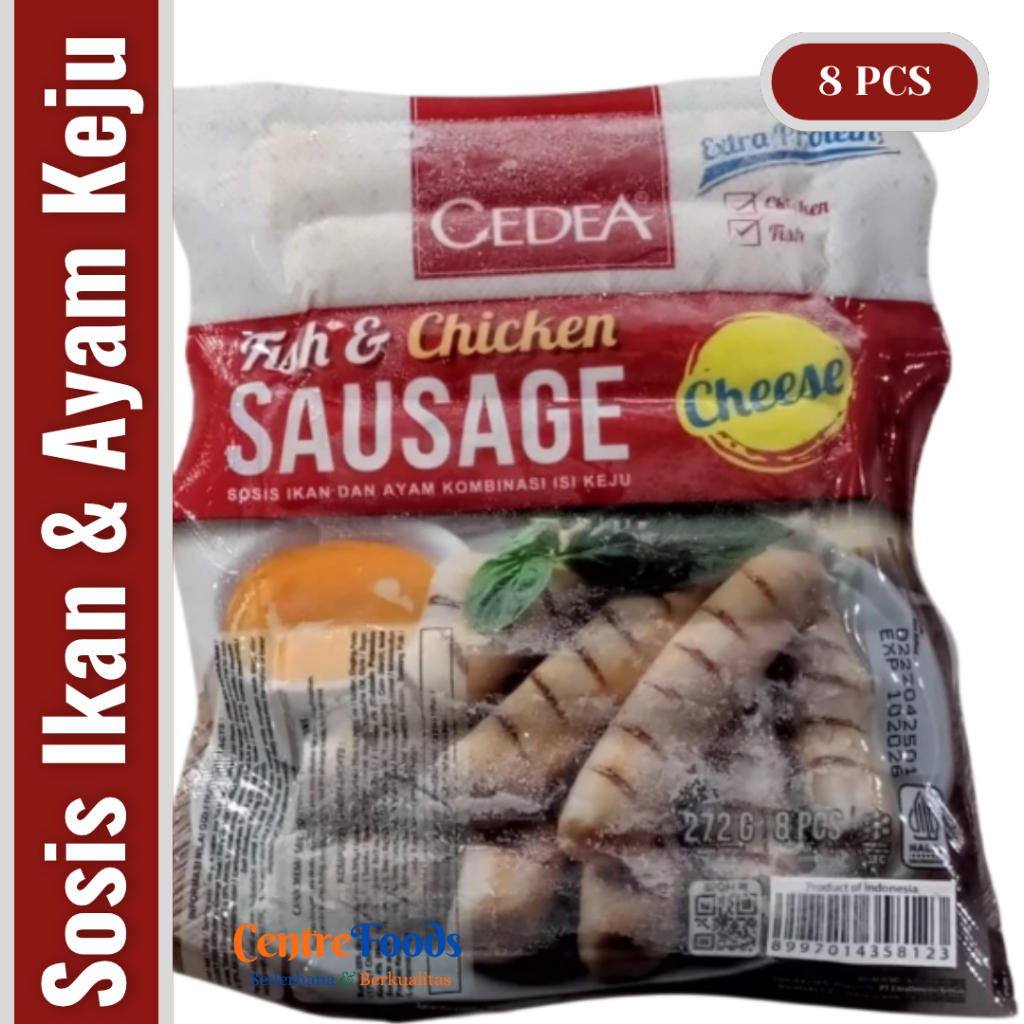 

Sosis Ikan & Ayam Kombinasi isi Keju - Fish & Chicken Sausage Cheese CEDEA | Isi 8 Pcs - 272gr [ Harga Per BKS ]