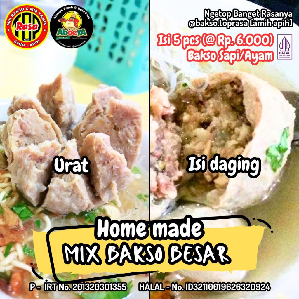 

Frozen Bakso Premium Besar Mix/ Campur Urat & Isi Daging Bakso Daging Sapi/Ayam Besar Premium [isi 5pcs] Free Bumbu Kuah Kaldu