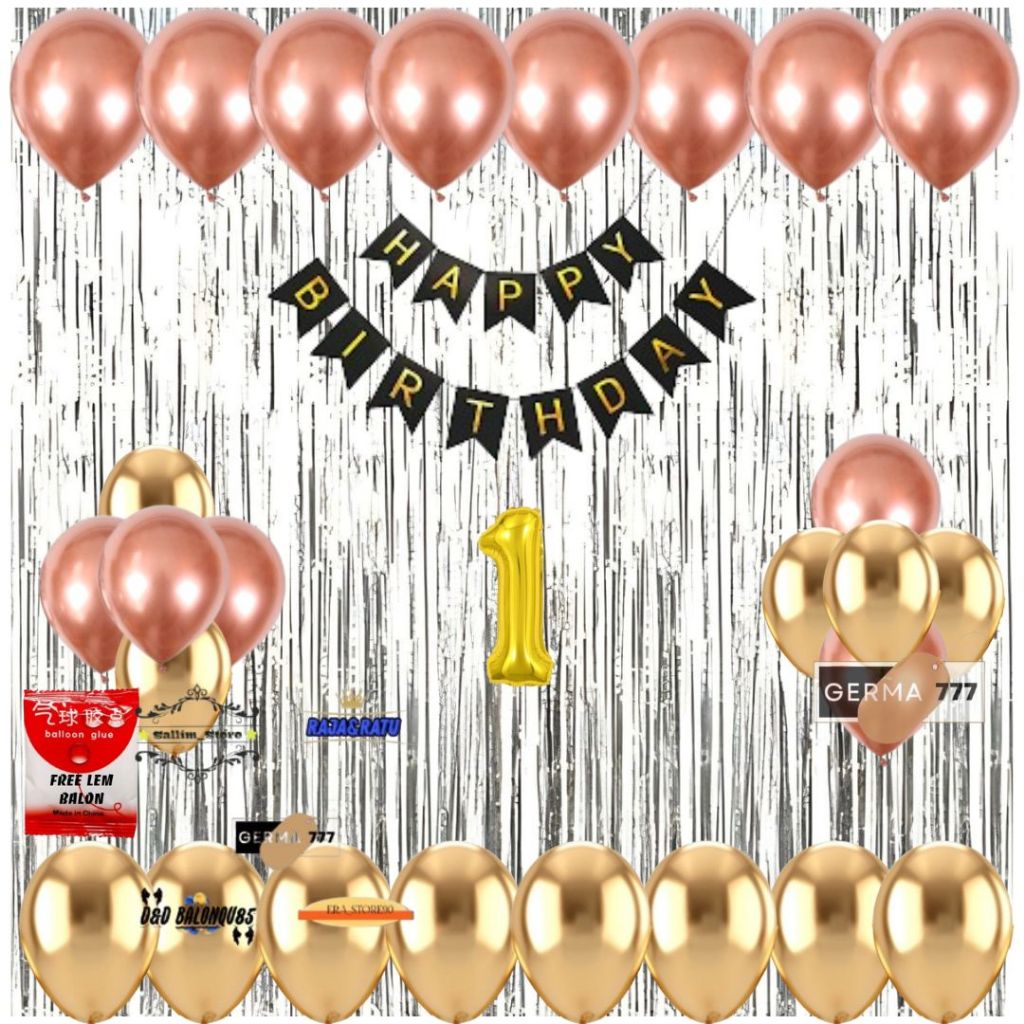 Set Dekorasi Ulang Tahun Anak Banner Happy Birthday Ultah Hbd Tirai Gold Silver Simple